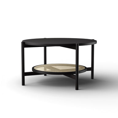 Harbour Coffee Table - L:32’’ x B:32’’ x H:18’’ In Inches / Black Matt Sheesham Top; Clear Rattan Hand-woven Shelf;