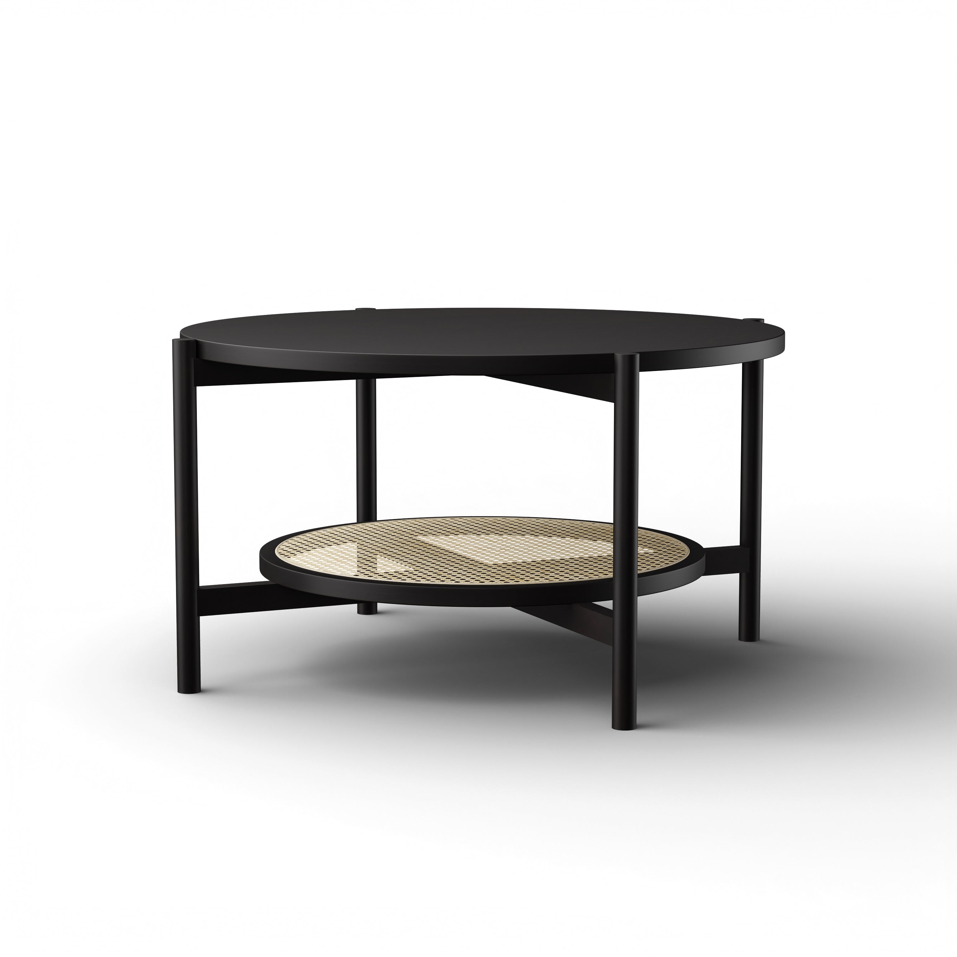 Harbour Coffee Table - L:32’’ x B:32’’ x H:18’’ In Inches / Black Matt Sheesham Top; Clear Rattan Hand-woven Shelf;