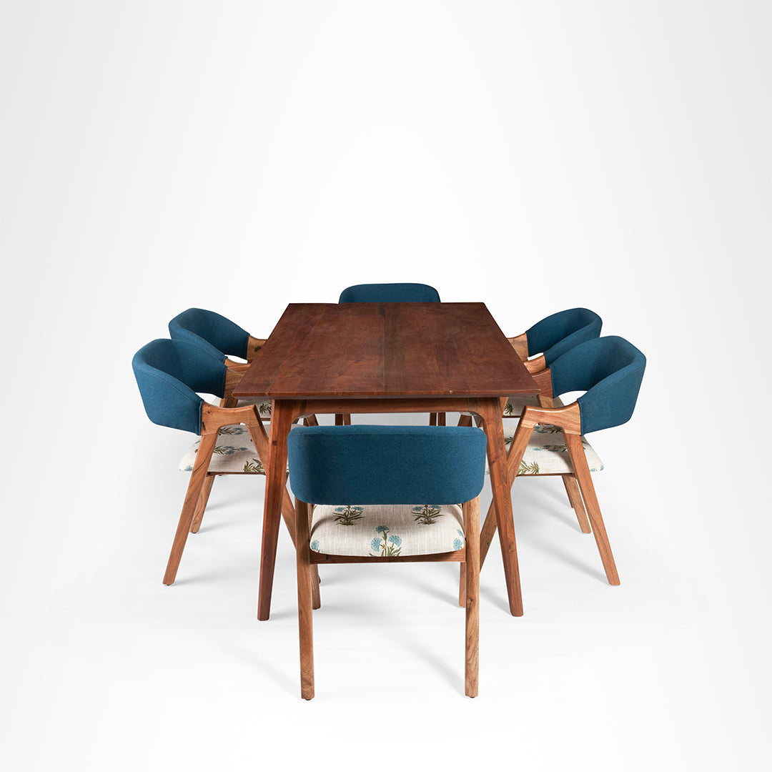 Hilton Dining Set of 6 - Table (L: 66’’ B: 36’’ H: 30’’) & Chairs (L: 20’’ B: 22’’ H: 31’’ SH: 17’’) / Walnut / Acacia