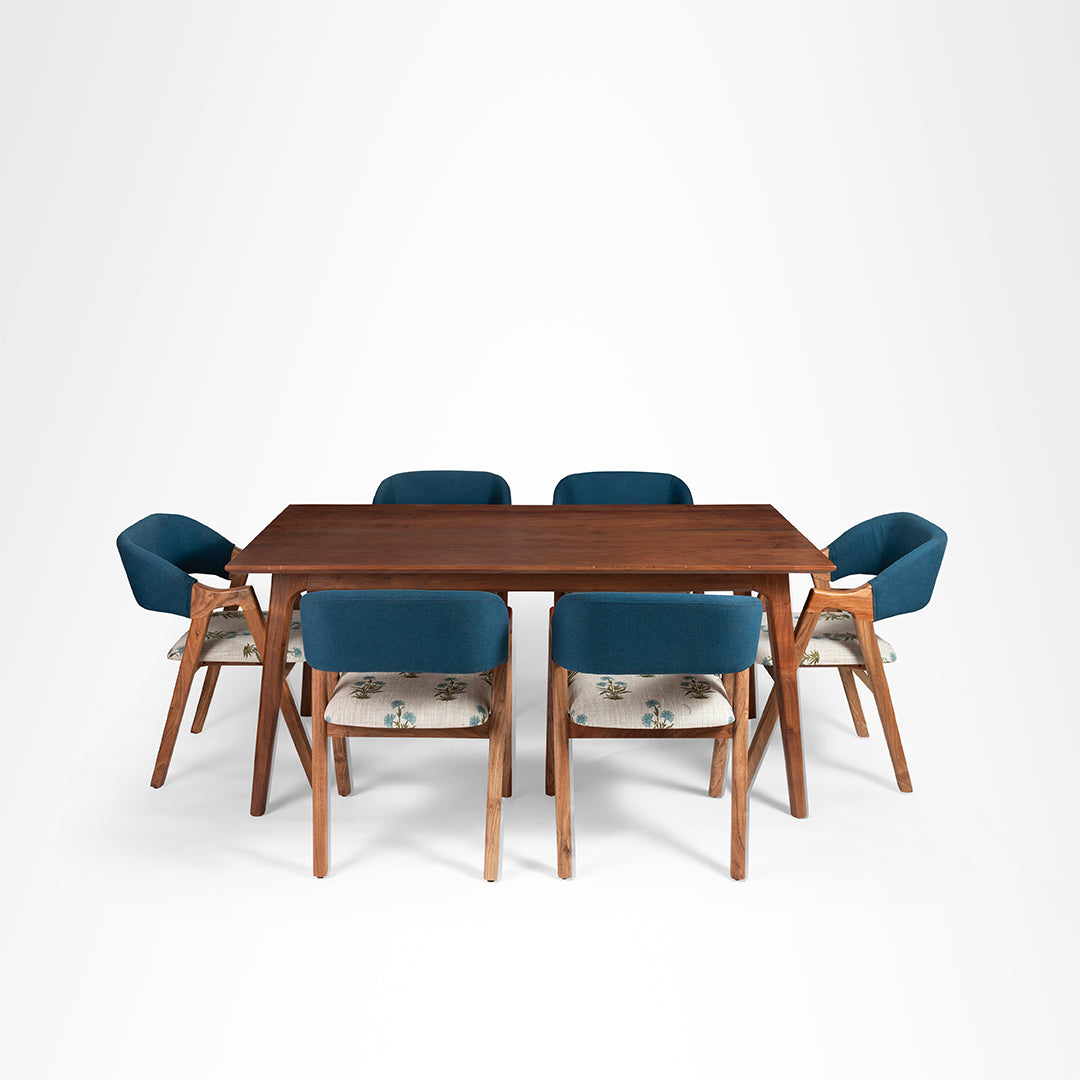 Hilton Dining Set of 6 - Table (L: 66’’ B: 36’’ H: 30’’) & Chairs (L: 20’’ B: 22’’ H: 31’’ SH: 17’’) / Walnut / Acacia