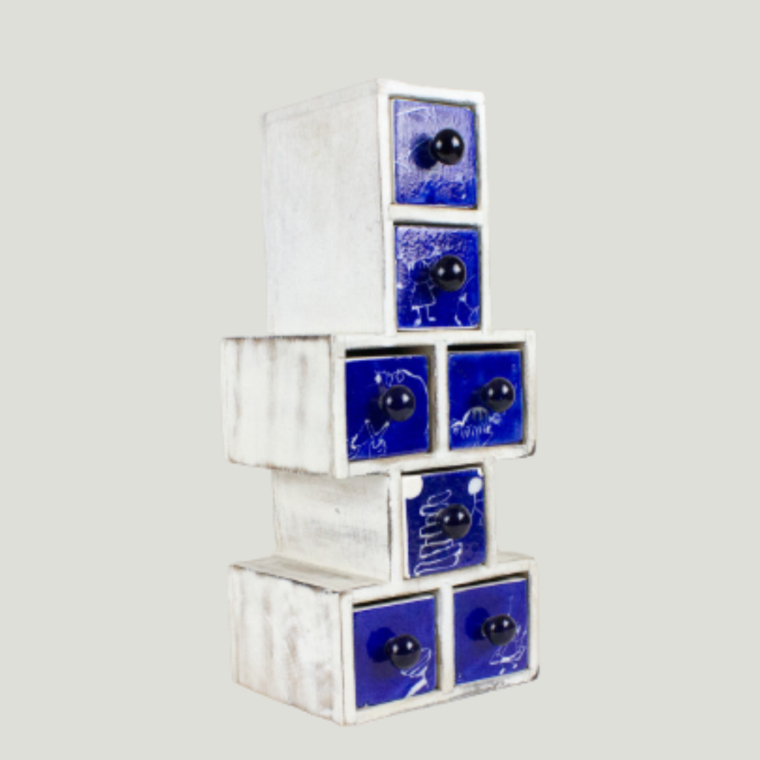 hopscotch - 135mm x 130mm x 322mm / Wood and Ceramic / White and Blue - Décor