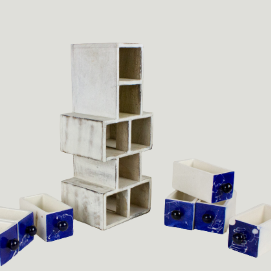 hopscotch - 135mm x 130mm x 322mm / Wood and Ceramic / White and Blue - Décor