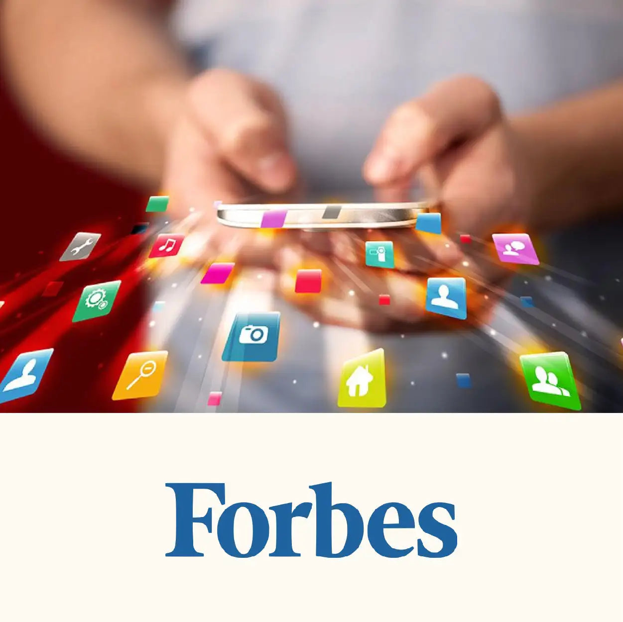 A sleek silver smartphone with colorful app icons floating above it.