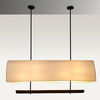 Sleek and modern industrial luxe pendant dining light with a rectangular fabric shade
