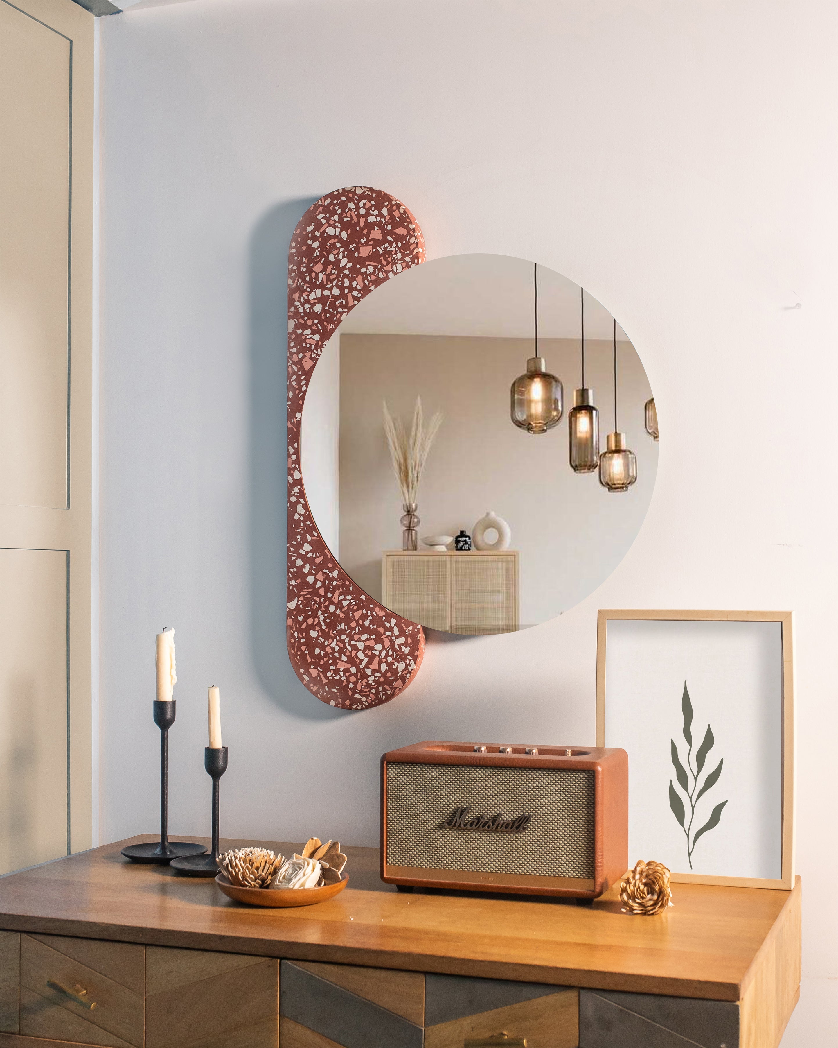 Jello Mirror - Terrazzo Pink & White chips on Deep Red base / L: 52.0cm x B: 72.0cm x H: 2.4cm / Terrazzo - Stone chips