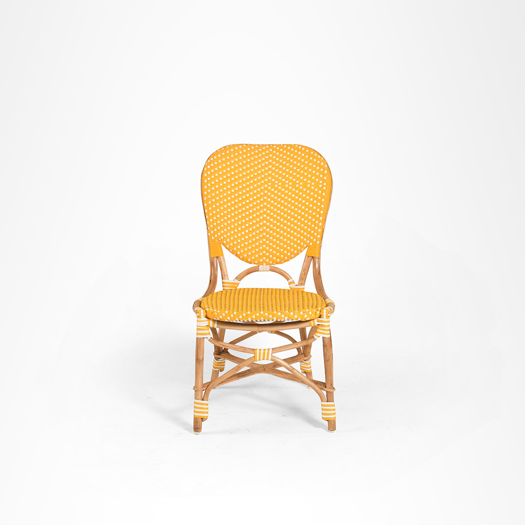 K Popsicle Cane Chair - W: 17’’ D: 18’’ H: 38’’ SH: 19’’ / Yellow and White / Cane Frame and PVC Weaving - Outdoor