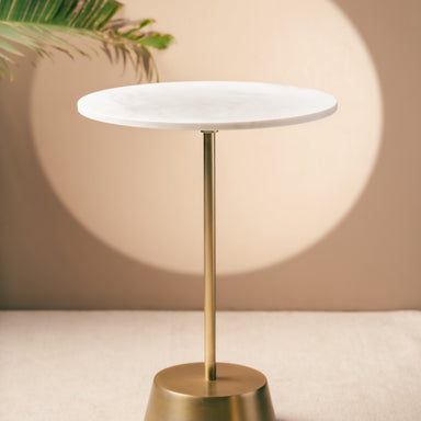 Kairos Side Table - Marble Top - White & Gold / 41 x W:41 x H:56 In Cms / Marble & Metal - Indoor Furniture