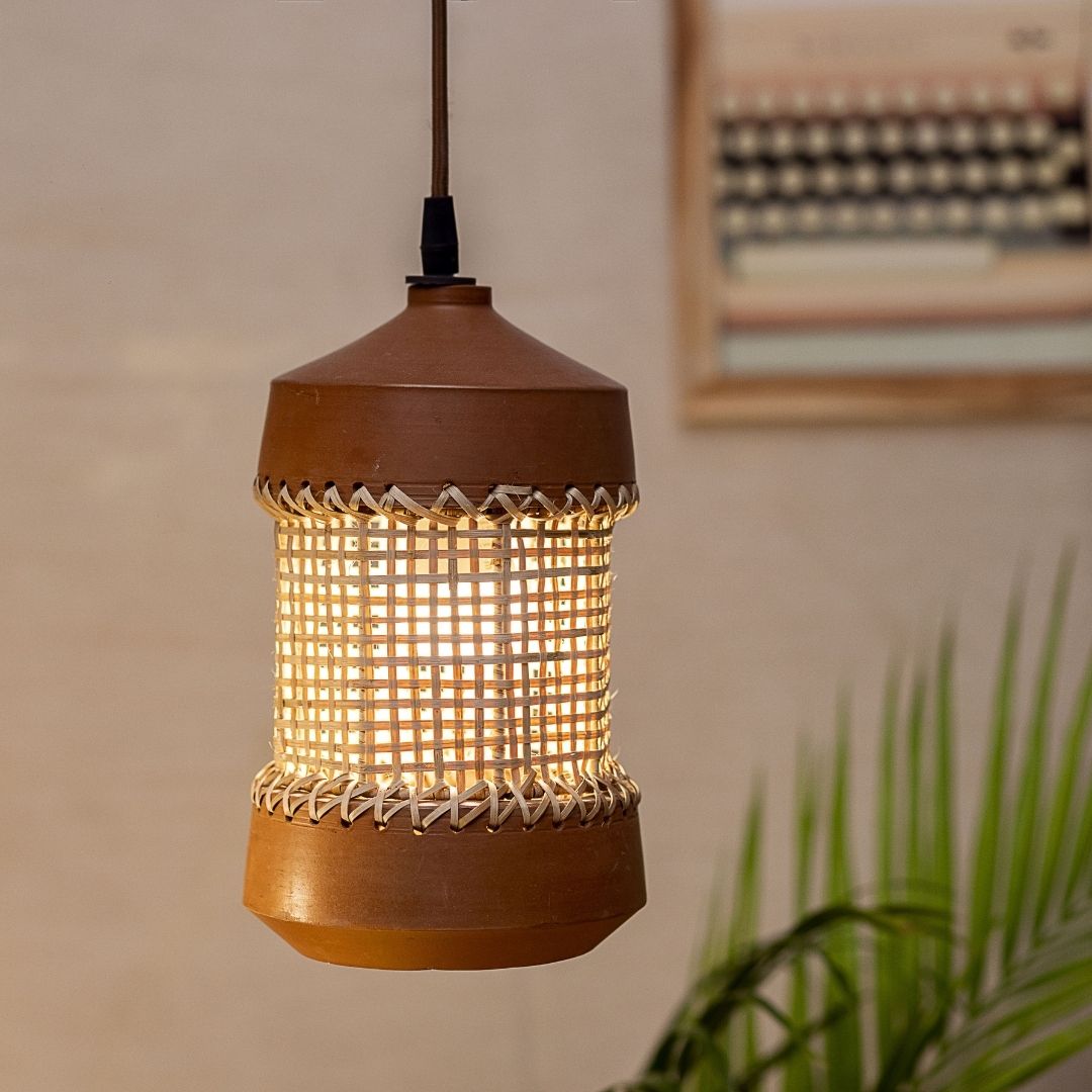 Kamrup Pendant Lamp - Natural / Terracotta and cane / D: 5.5’’ H: 9.5’’; Wire: 19’’ - Lighting