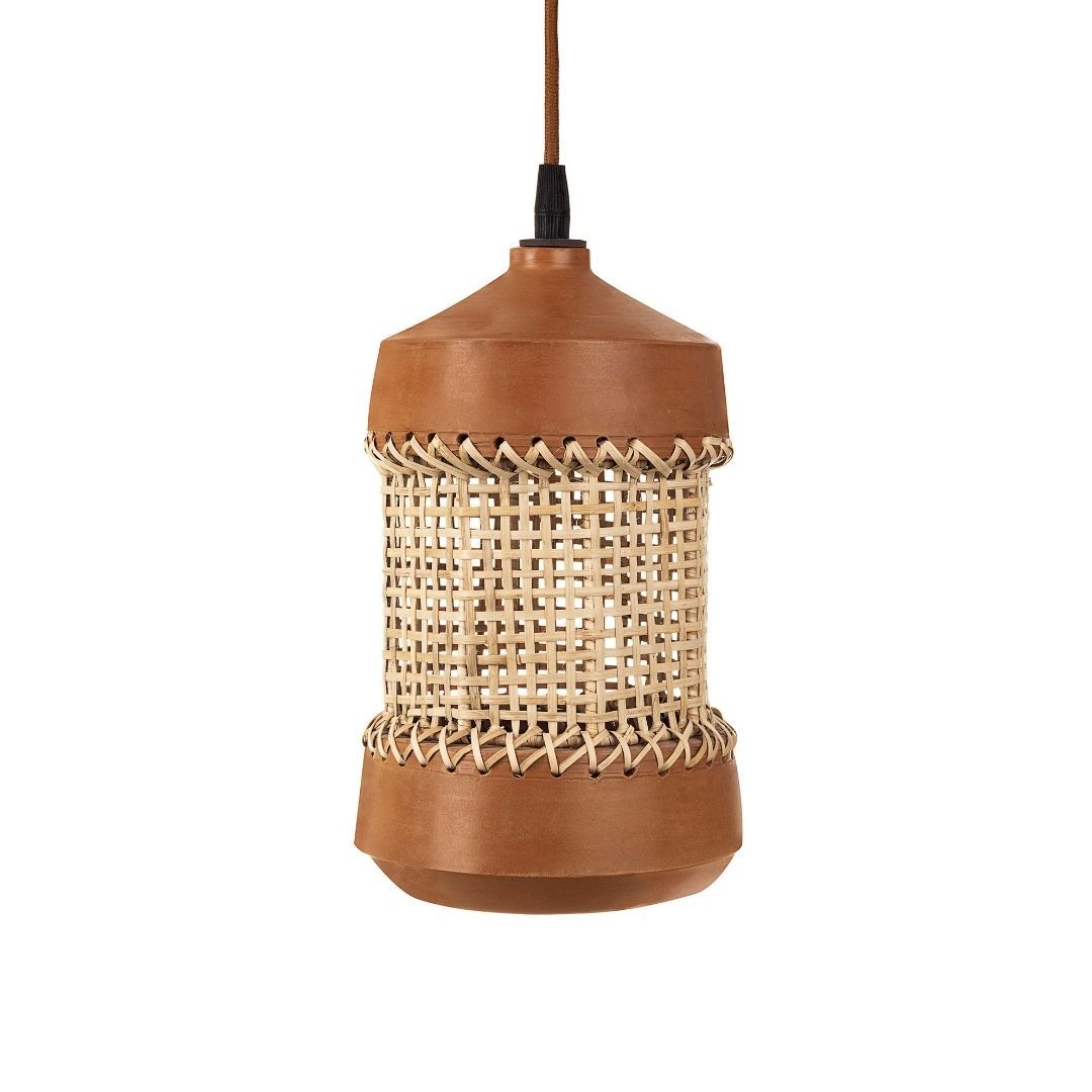 Kamrup Pendant Lamp - Natural / Terracotta and cane / D: 5.5’’ H: 9.5’’; Wire: 19’’ - Lighting
