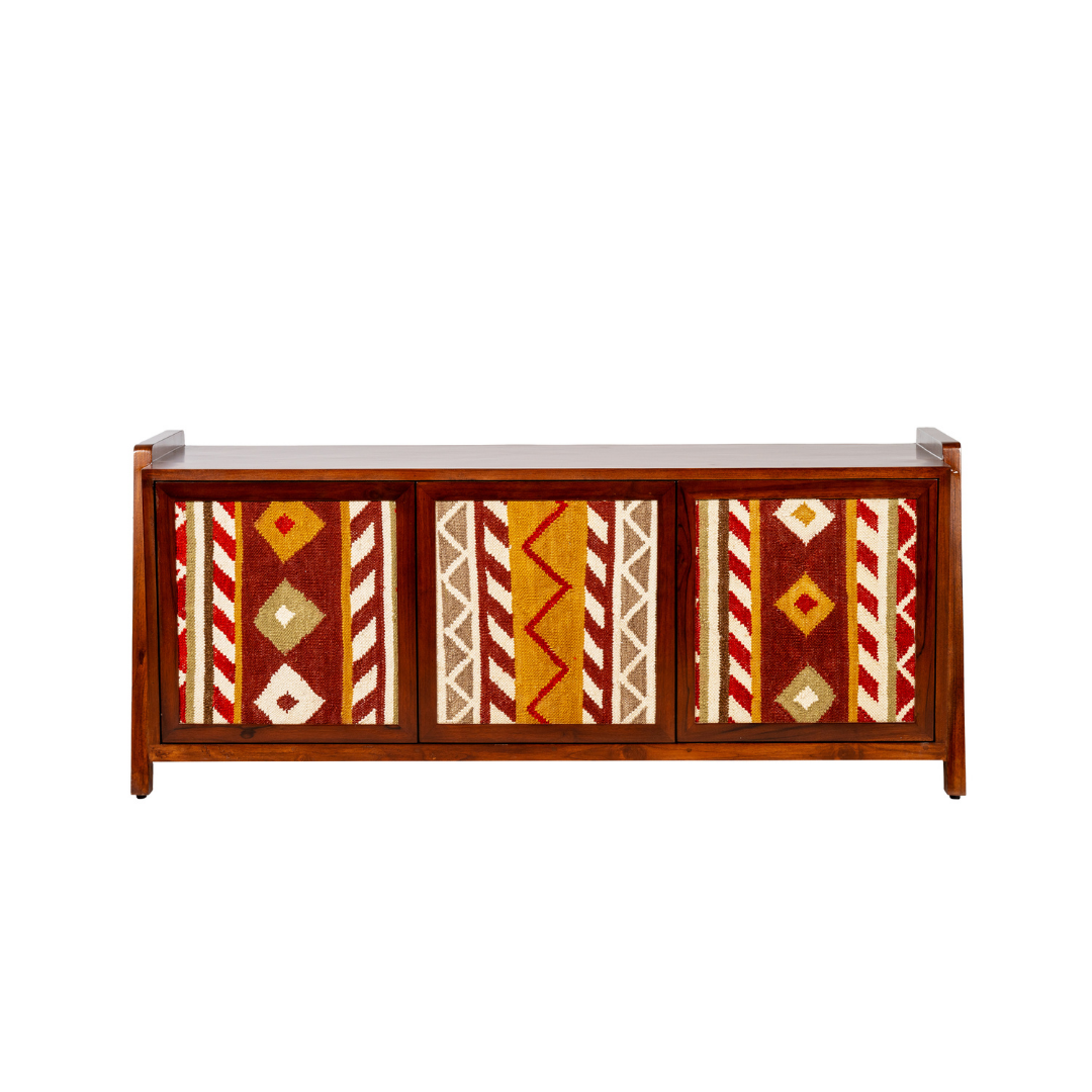 KILIM TV Storage Cabinet - Teak / Legs and Shutter: Teakwood; Body of the Cabinet: Teak veneer and plywood; Shelves