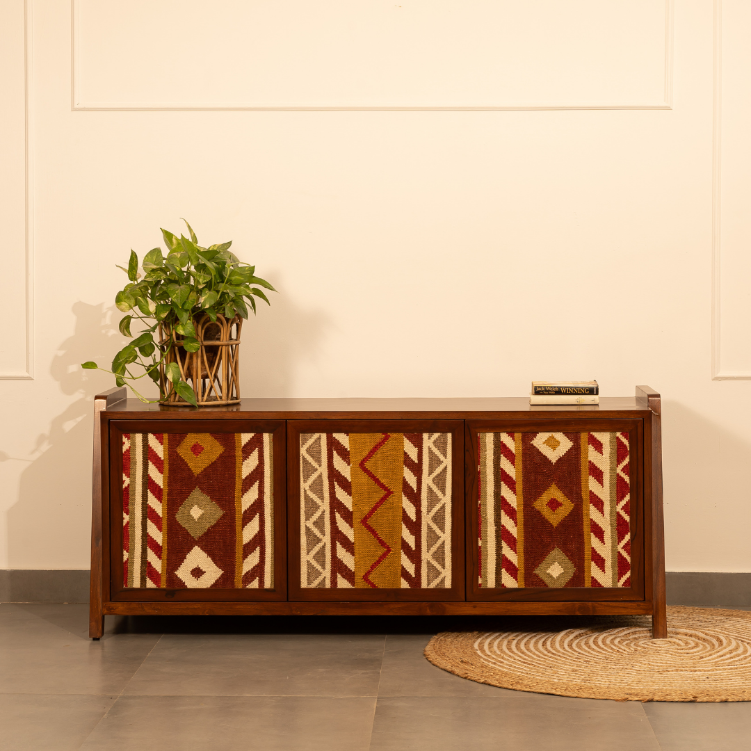 KILIM TV Storage Cabinet - Teak / Legs and Shutter: Teakwood; Body of the Cabinet: Teak veneer and plywood; Shelves