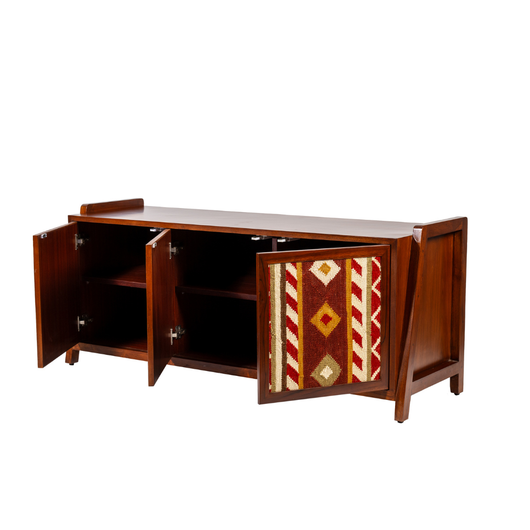 KILIM TV Storage Cabinet - Teak / Legs and Shutter: Teakwood; Body of the Cabinet: Teak veneer and plywood; Shelves