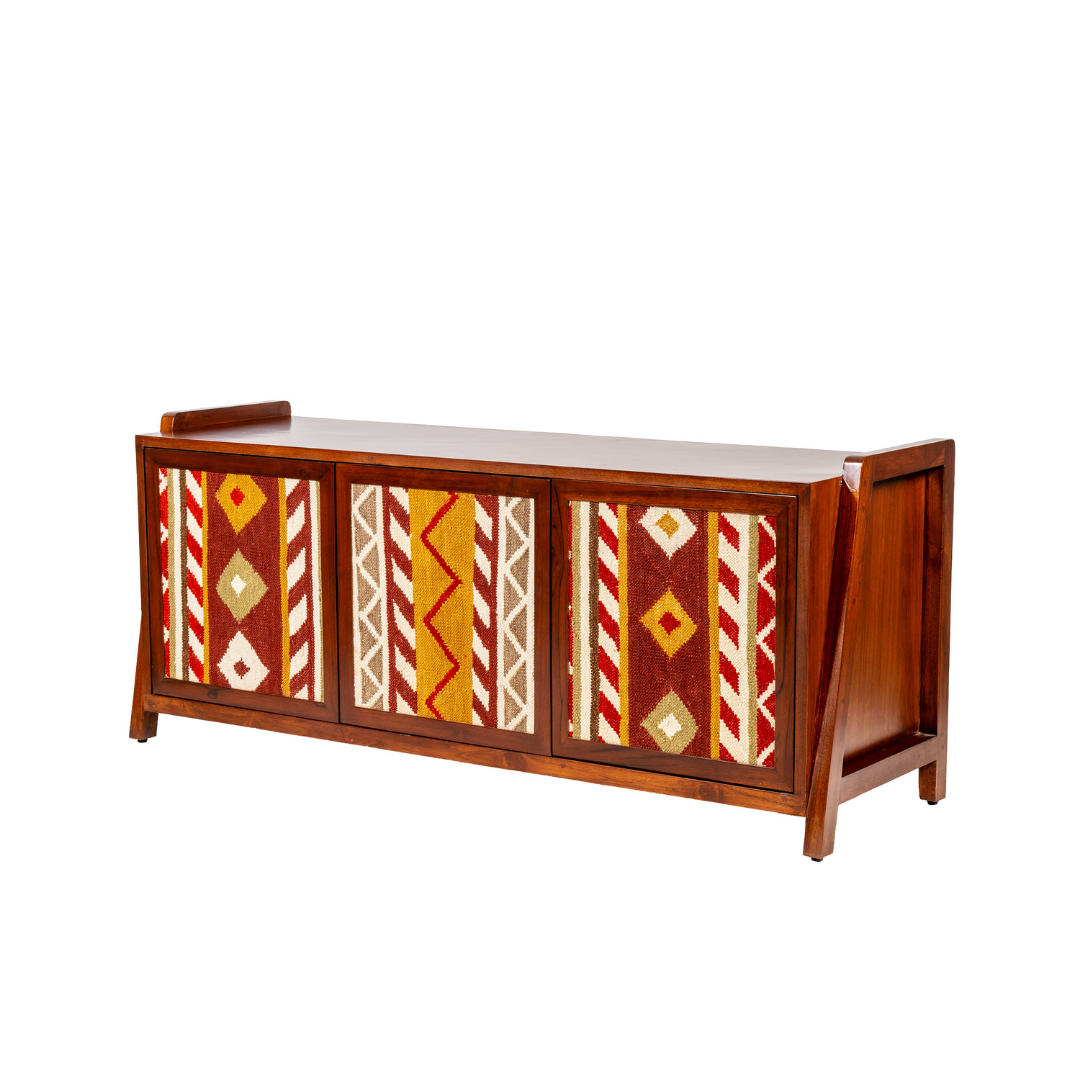 KILIM TV Storage Cabinet - Teak / Legs and Shutter: Teakwood; Body of the Cabinet: Teak veneer and plywood; Shelves