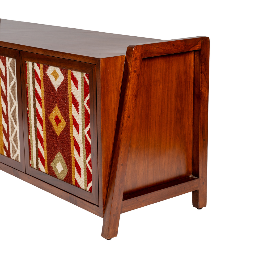 KILIM TV Storage Cabinet - Teak / Legs and Shutter: Teakwood; Body of the Cabinet: Teak veneer and plywood; Shelves