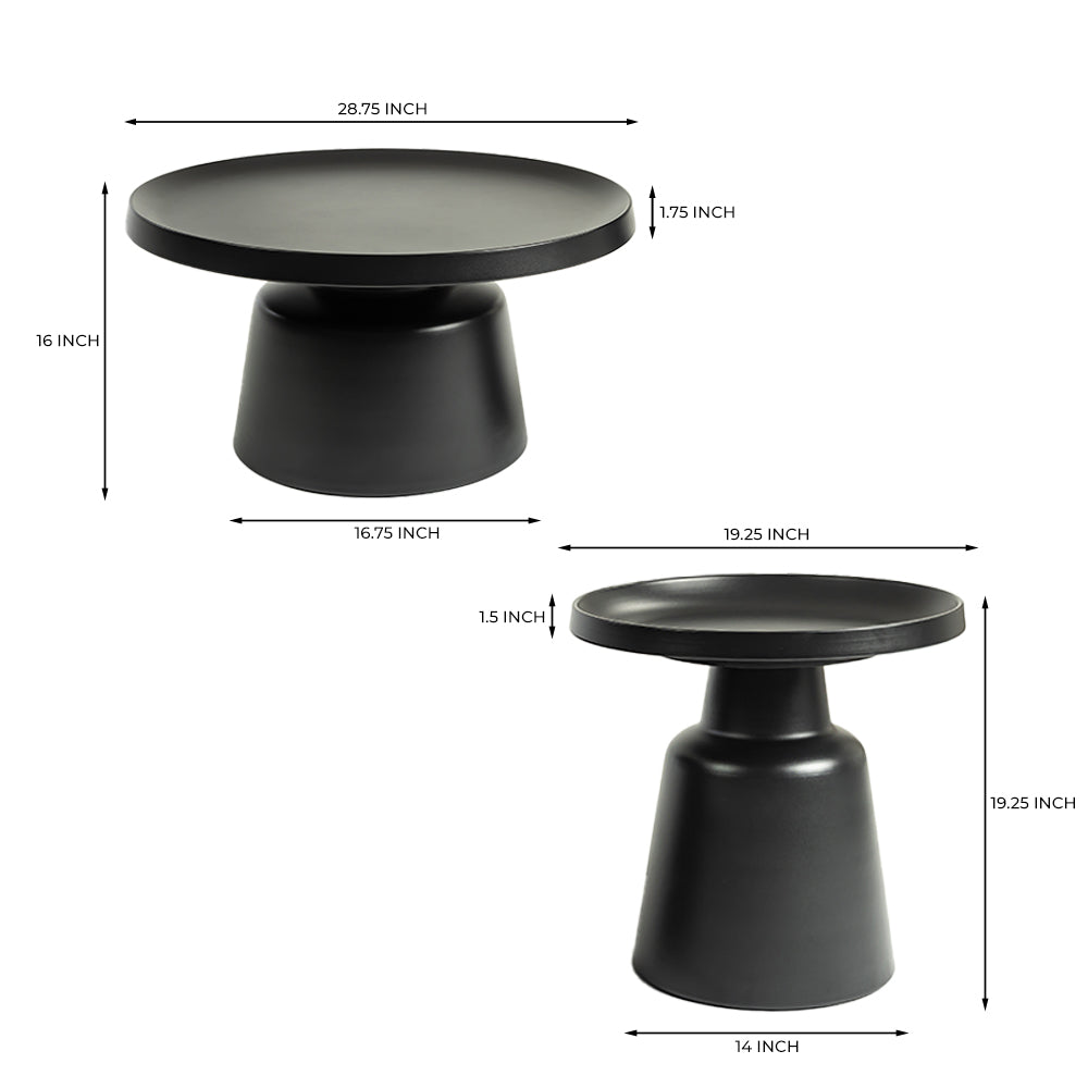 Kol Coffee Table Set of 2 - Large: 73 x 73 x 39 Medium: 49 x 49 in Cms / Black / Aluminium - Furniture