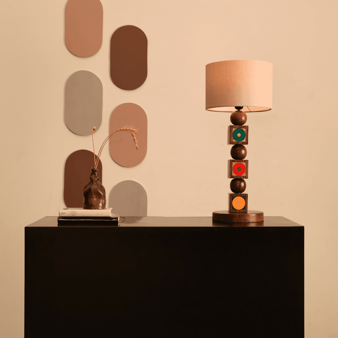 Lagori Table Lamp - Teak / Teak wood and ceramic handmade tile / L: 10’’ W: 10’’ H: 24’’; Shade Dimension: 10’’