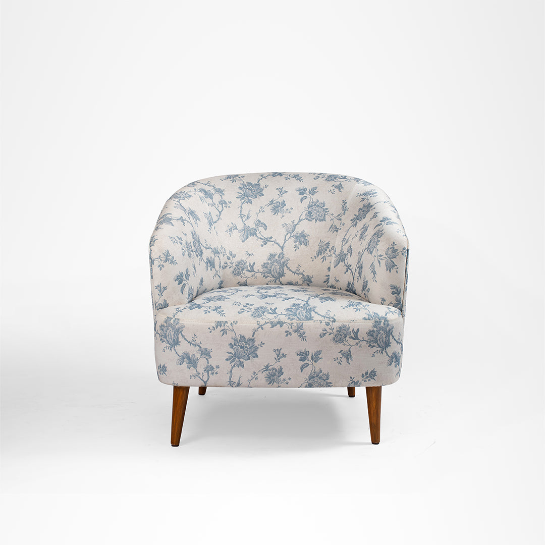 Lilac Lounge Chair - W: 31.5’’ D: 30’’ H: 31’’ SH: 16’’ / White and Blue / Fabric And Solid Beech Wood Legs - Indoor
