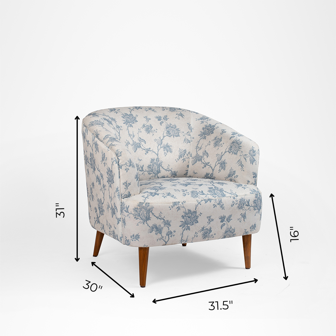 Lilac Lounge Chair - W: 31.5’’ D: 30’’ H: 31’’ SH: 16’’ / White and Blue / Fabric And Solid Beech Wood Legs - Indoor
