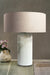 Line’On It - Cylindrical Table Lamp - Sade Dia: 310mm, Base Dia: 150mm, H: 500 mm / Offwhite / Alabaster Stone