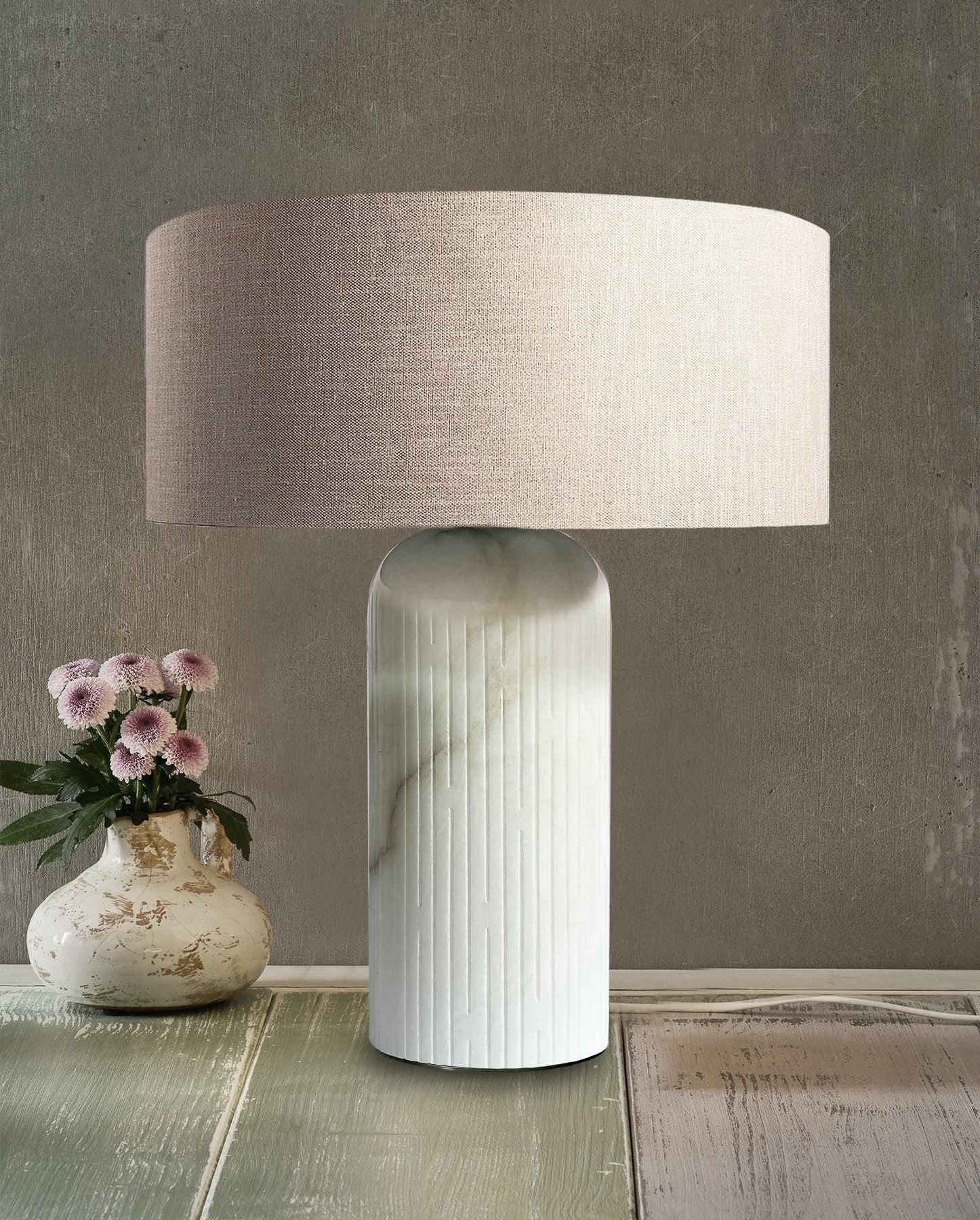 Line’On It - Cylindrical Table Lamp - Sade Dia: 310mm, Base Dia: 150mm, H: 500 mm / Offwhite / Alabaster Stone