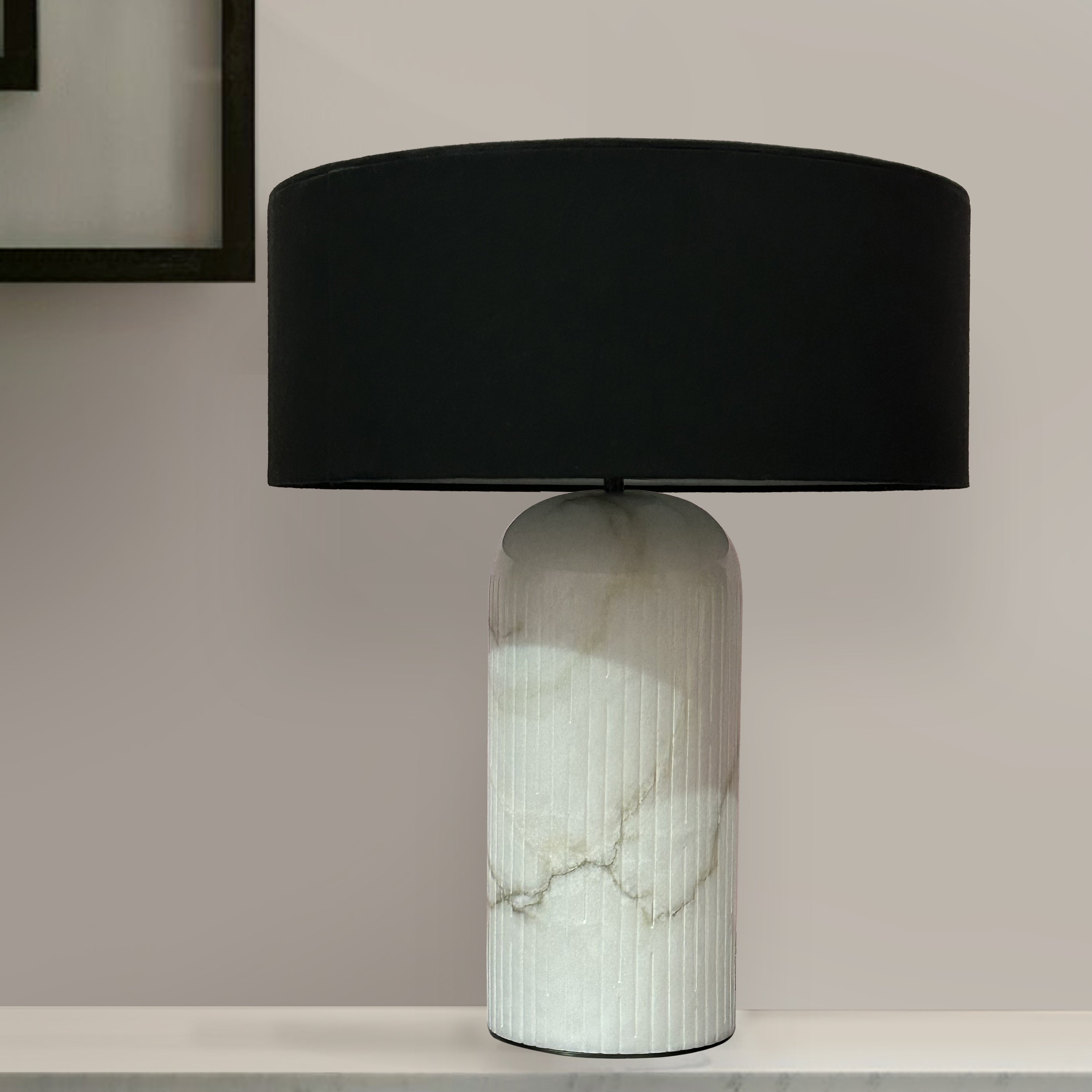 Line’On It - Cylindrical Table Lamp - Sade Dia: 310mm, Base Dia: 150mm, H: 500 mm / Black / Alabaster Stone