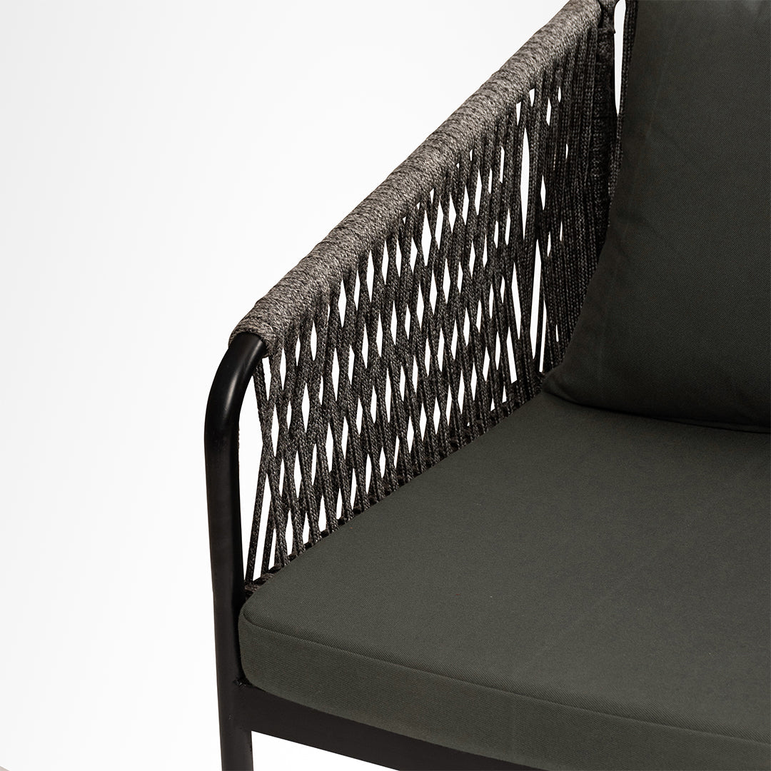 Loom Lounge Chair 9 - W: 17.5’’ D: 26’’ H: 32’’ SH: 20’’ / Mild Steel and Polypropylene Rope Weaving / Black & Grey