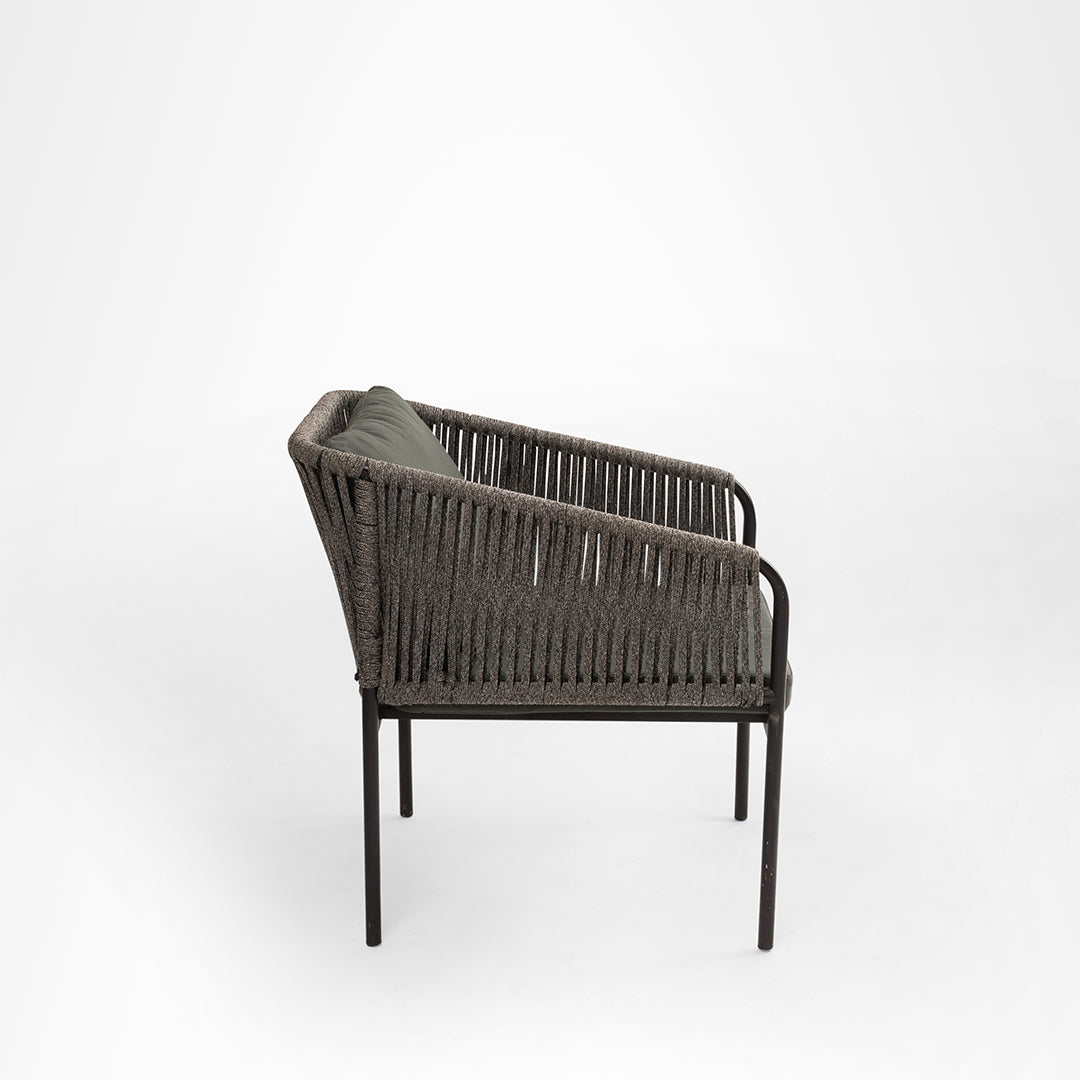 Loom Lounge Chair 9 - W: 17.5’’ D: 26’’ H: 32’’ SH: 20’’ / Mild Steel and Polypropylene Rope Weaving / Black & Grey