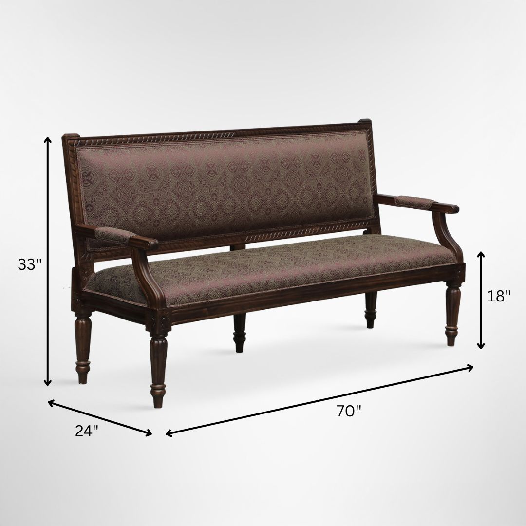 Louis Bench - W: 70’’ D: 24’’ H: 33’’ SH: 18’’ / Walnut / Acacia Wood and Upholstered Fabric - Indoor Furniture