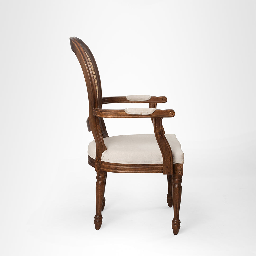 Louis Dining with Arms Set Of 2 - W: 20’’ D: 18’’ H: 42’’ SH: 17’’ / Mango Wood Natural Cane and Upholstered Fabric