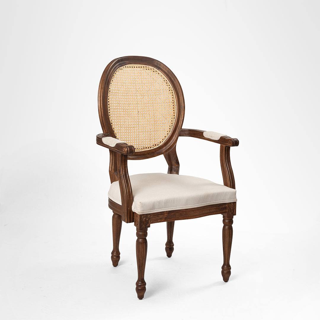 Louis Dining with Arms Set Of 2 - W: 20’’ D: 18’’ H: 42’’ SH: 17’’ / Mango Wood Natural Cane and Upholstered Fabric