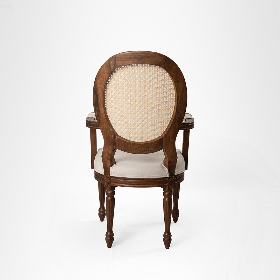 Louis Dining with Arms Set Of 2 - W: 20’’ D: 18’’ H: 42’’ SH: 17’’ / Mango Wood Natural Cane and Upholstered Fabric