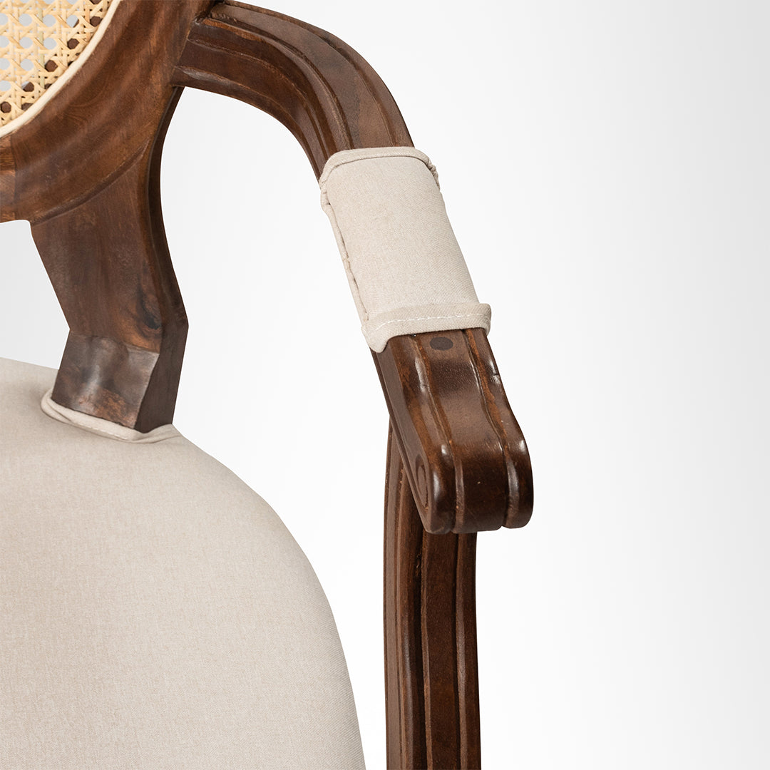 Louis Dining with Arms Set Of 2 - W: 20’’ D: 18’’ H: 42’’ SH: 17’’ / Mango Wood Natural Cane and Upholstered Fabric