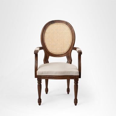 Louis Dining with Arms Set Of 2 - W: 20’’ D: 18’’ H: 42’’ SH: 17’’ / Mango Wood Natural Cane and Upholstered Fabric