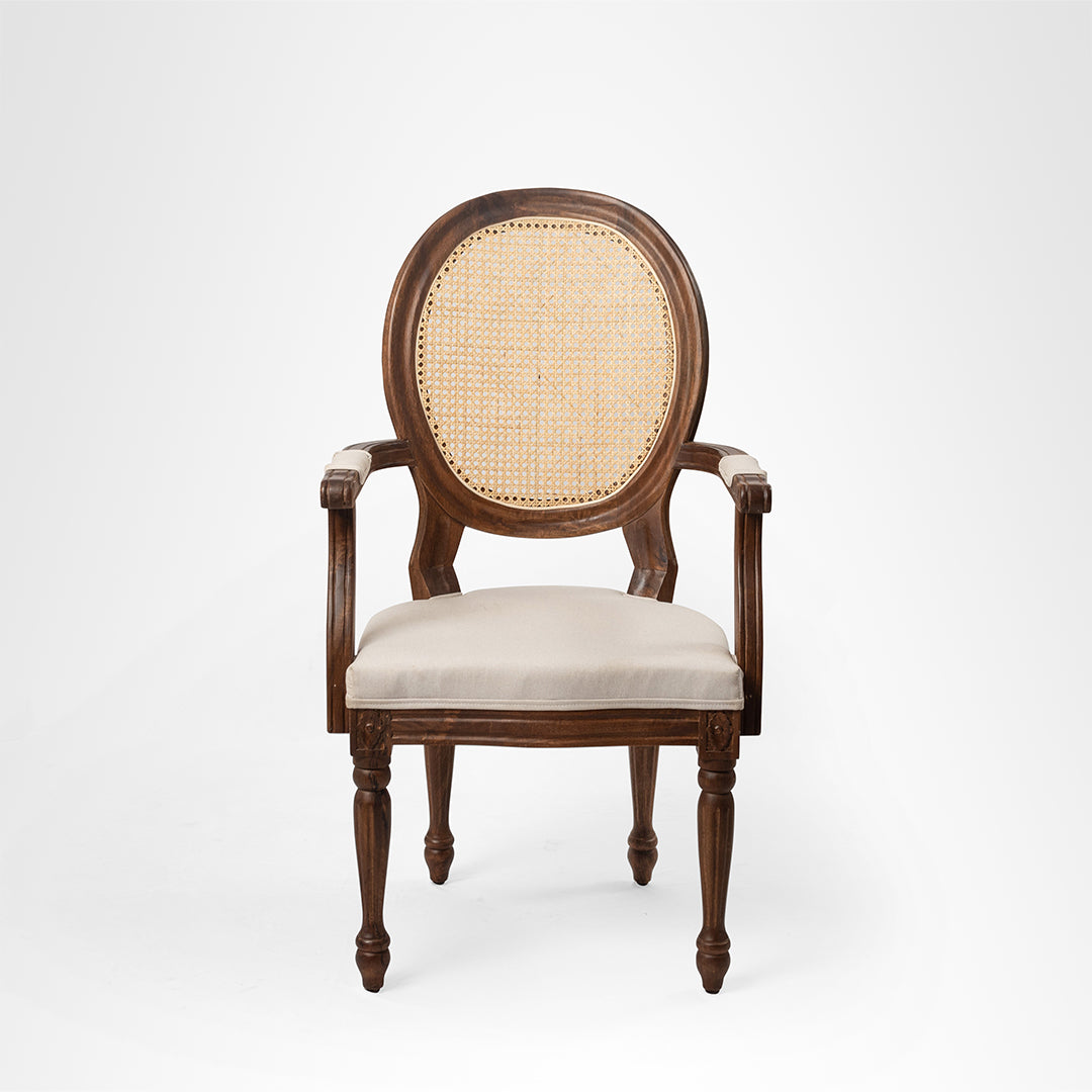 Louis Dining with Arms Set Of 2 - W: 20’’ D: 18’’ H: 42’’ SH: 17’’ / Mango Wood Natural Cane and Upholstered Fabric