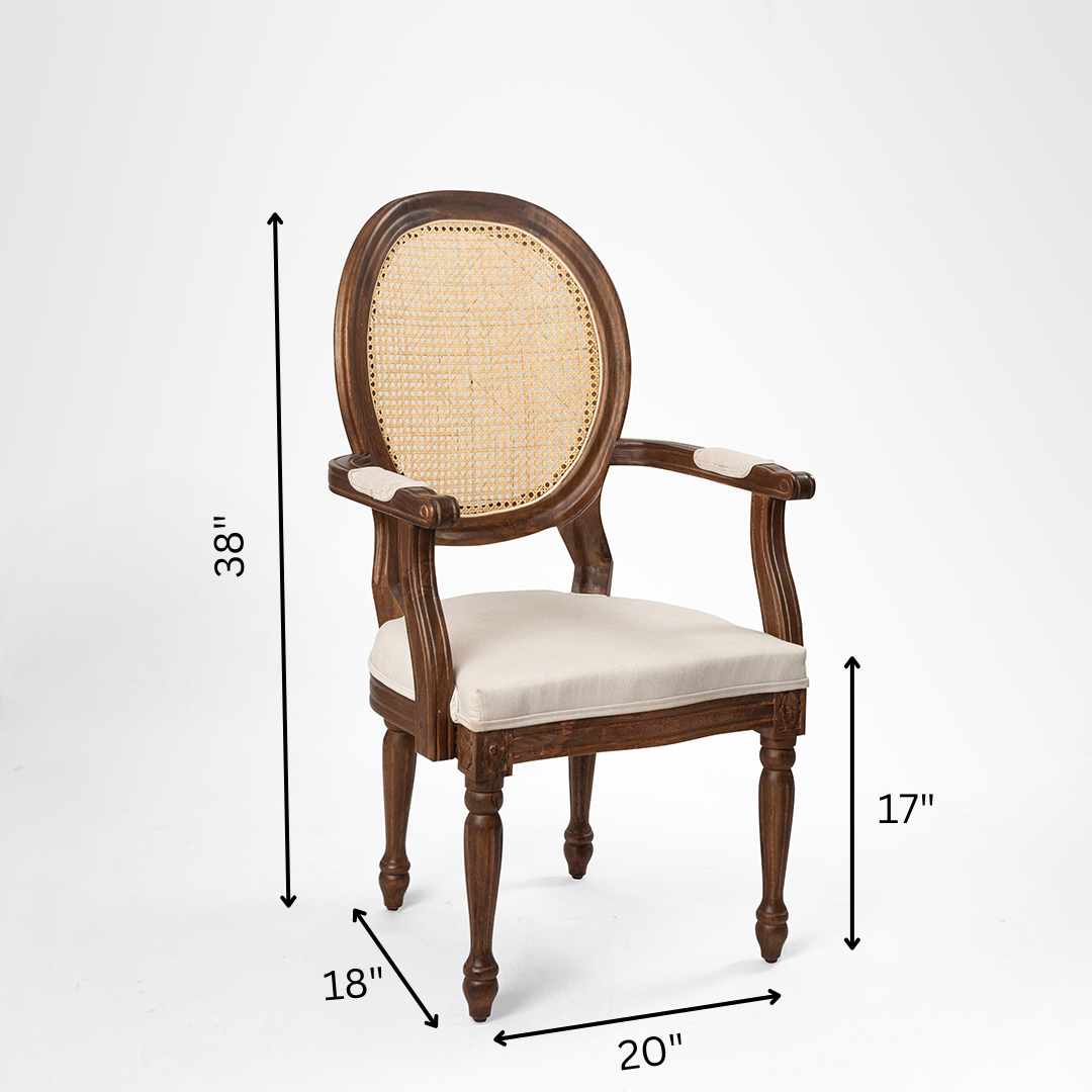 Louis Dining with Arms Set Of 2 - W: 20’’ D: 18’’ H: 42’’ SH: 17’’ / Mango Wood Natural Cane and Upholstered Fabric
