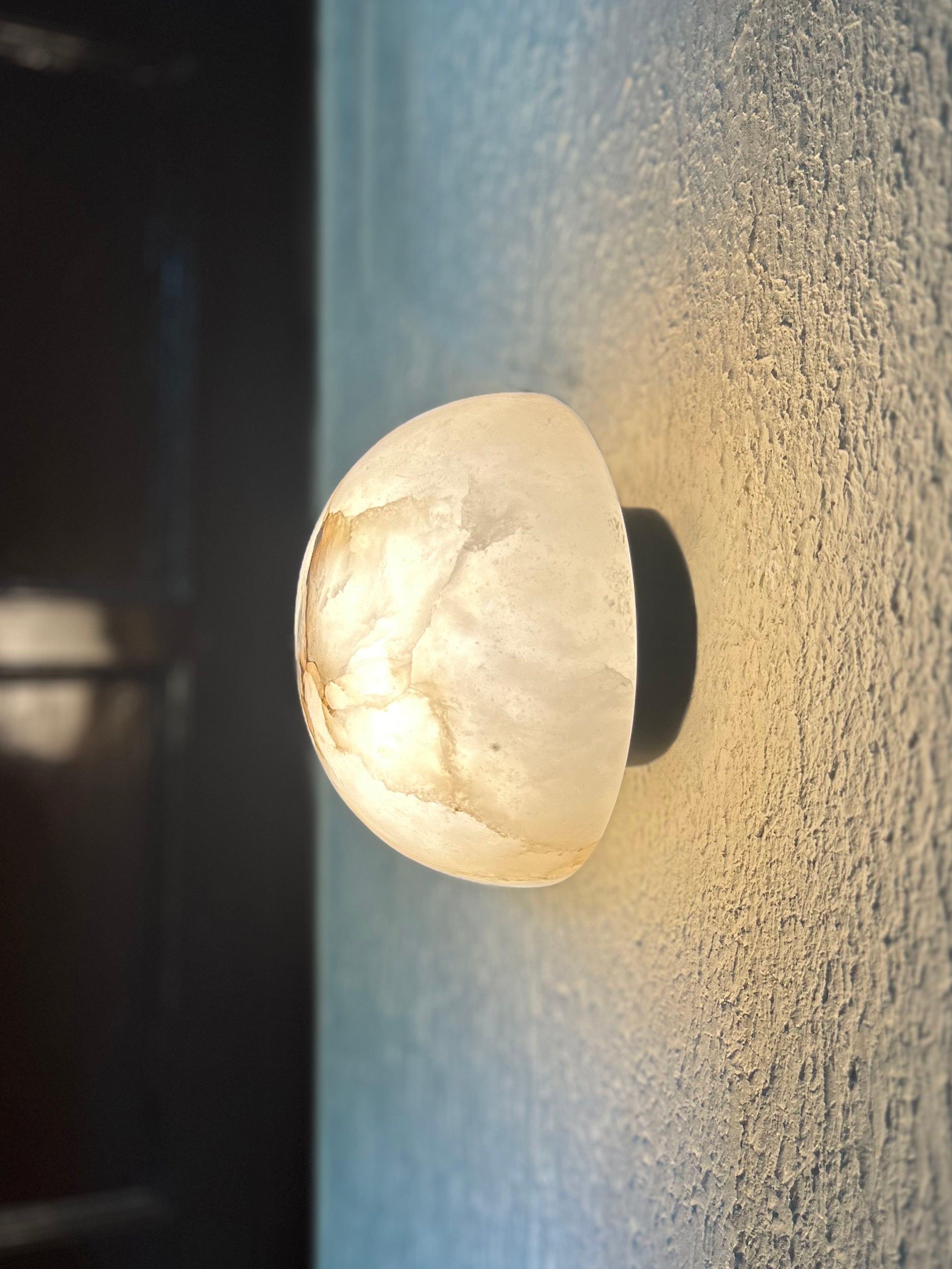 Lunar Wall Light - Dia:175 x Depth:160 mm / Matte Black / Alabaster Stone and Stainless Steel - Lighting