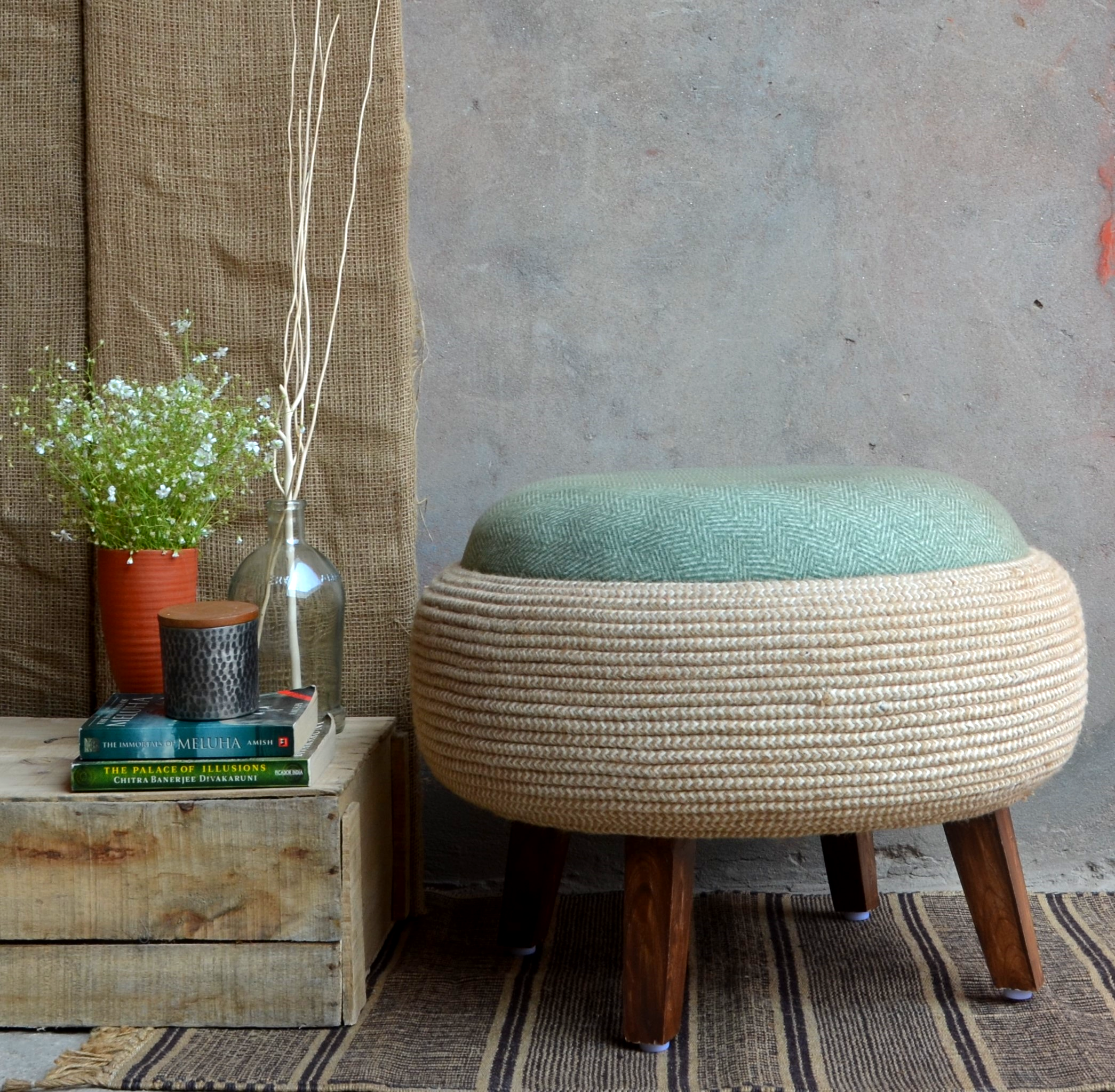 Lungta Ottoman - Green / Old tyre, teakwood, rope, fabric / L: 23’’ W: 23’’ H: 17.5’’ - Furniture