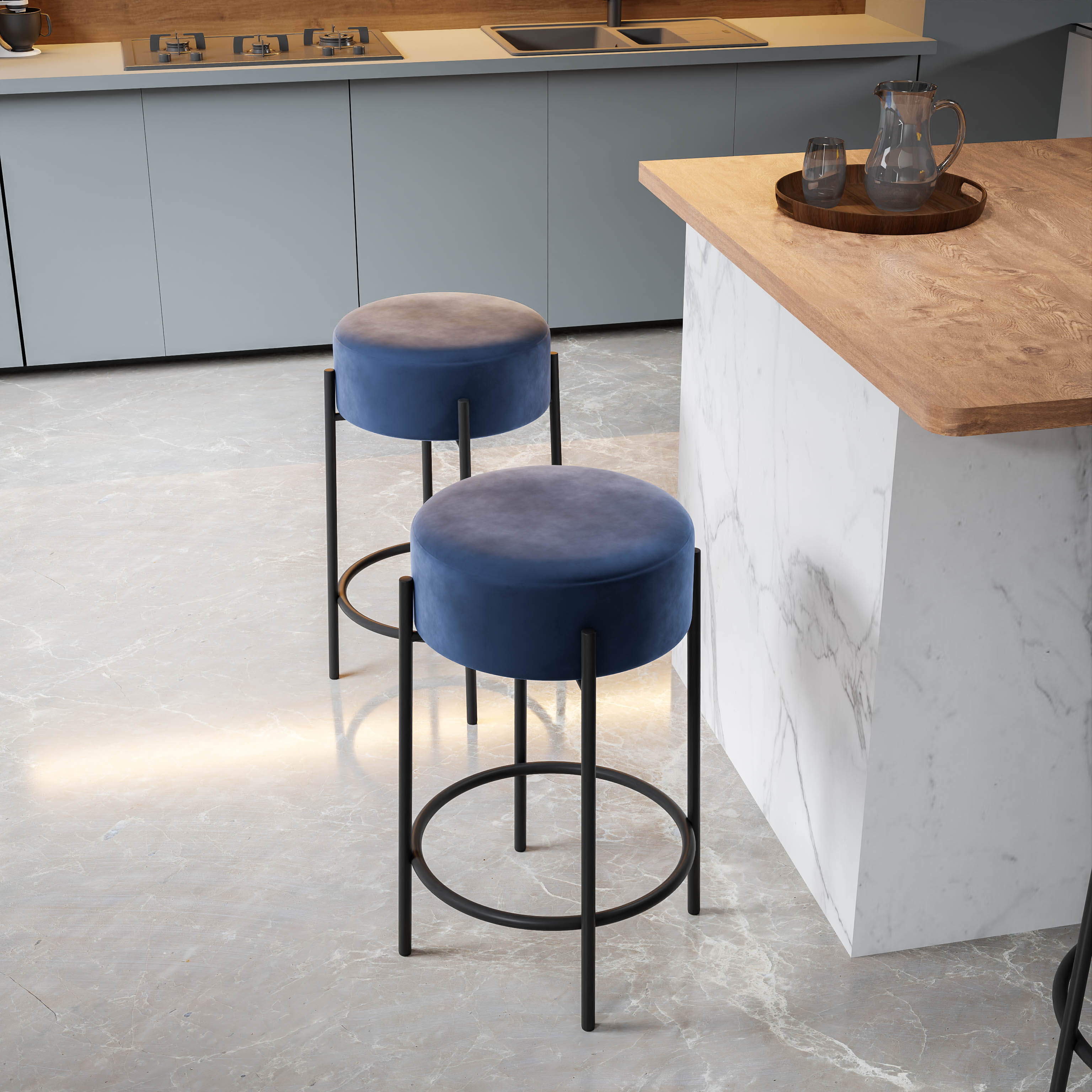 Lusso Bar Stool - L:20’’ x B:20’’ x H:30’’ and Seat Height: 30’’ In Inches / Passion 2420 Velvet Ply & Foam Upholstery