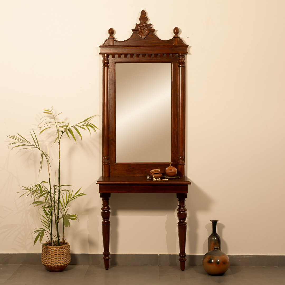 Majora Wall Mirror and Console - Teak / Teakwood / Mirror: L: 28’’ W: 5’’ H: 50’’; Table: L: 28’’ W: 15’’ H: 30’’