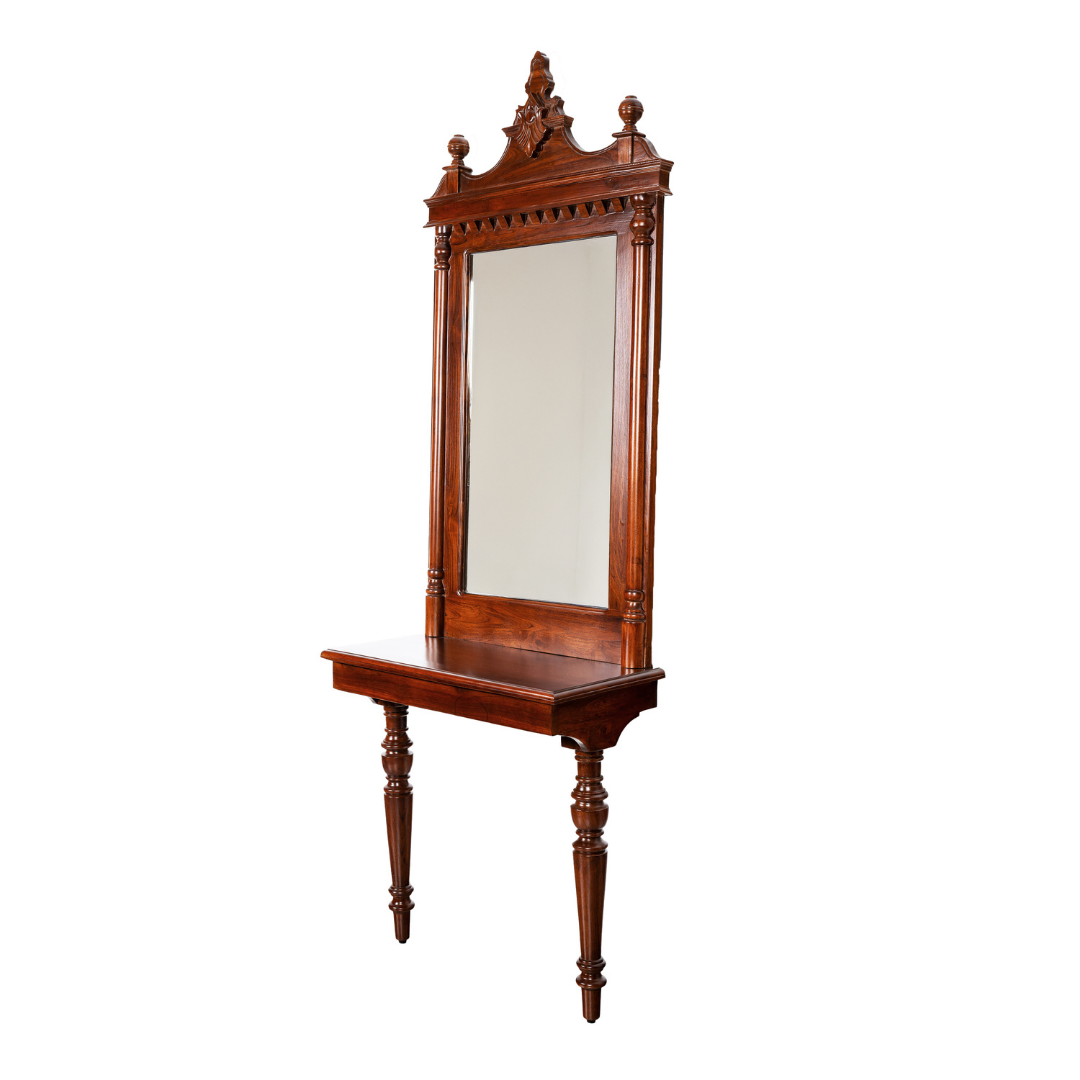 Majora Wall Mirror and Console - Teak / Teakwood / Mirror: L: 28’’ W: 5’’ H: 50’’; Table: L: 28’’ W: 15’’ H: 30’’