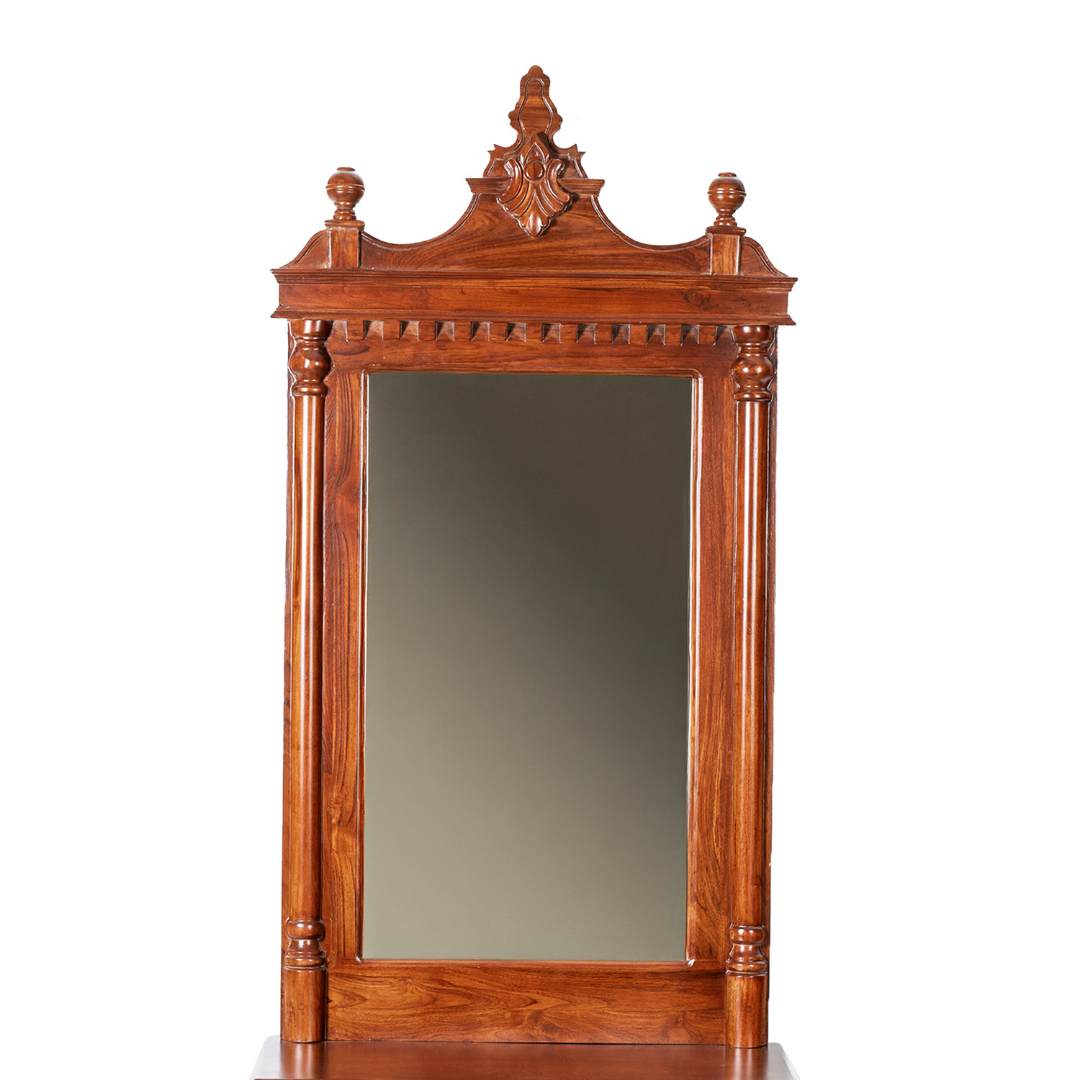 Majora Wall Mirror and Console - Teak / Teakwood / Mirror: L: 28’’ W: 5’’ H: 50’’; Table: L: 28’’ W: 15’’ H: 30’’