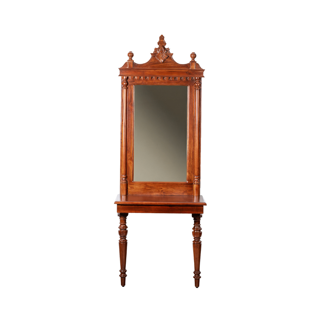 Majora Wall Mirror and Console - Teak / Teakwood / Mirror: L: 28’’ W: 5’’ H: 50’’; Table: L: 28’’ W: 15’’ H: 30’’