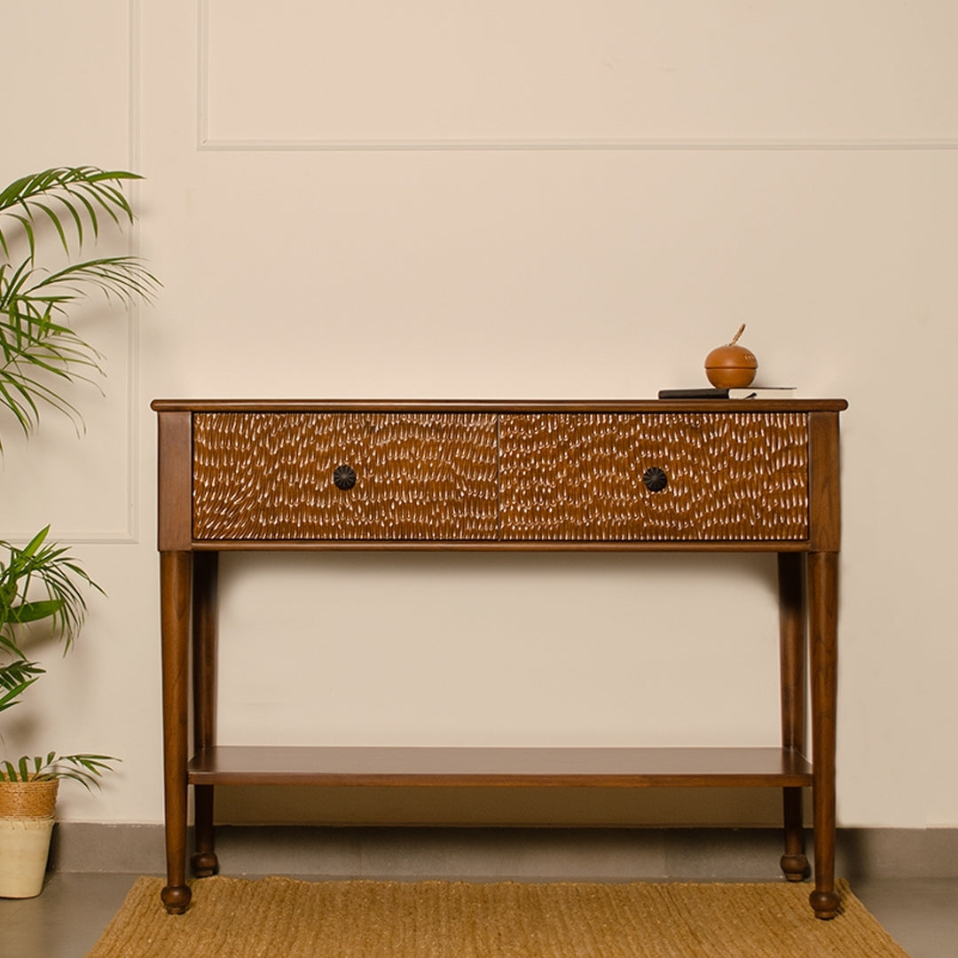Manila Console Table - Brown / Frame: Teak veneer, plywood; Drawer Front Carved Panel, Legs: Teakwood; Storage lined