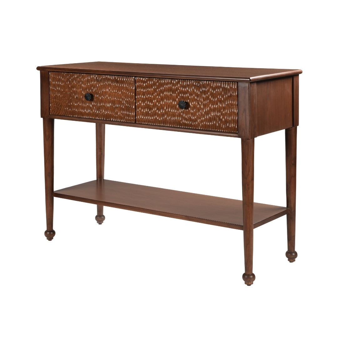 Manila Console Table - Brown / Frame: Teak veneer, plywood; Drawer Front Carved Panel, Legs: Teakwood; Storage lined