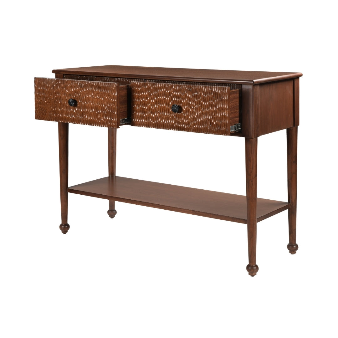 Manila Console Table - Brown / Frame: Teak veneer, plywood; Drawer Front Carved Panel, Legs: Teakwood; Storage lined