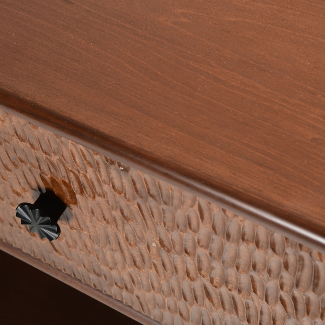 Manila Console Table - Brown / Frame: Teak veneer, plywood; Drawer Front Carved Panel, Legs: Teakwood; Storage lined