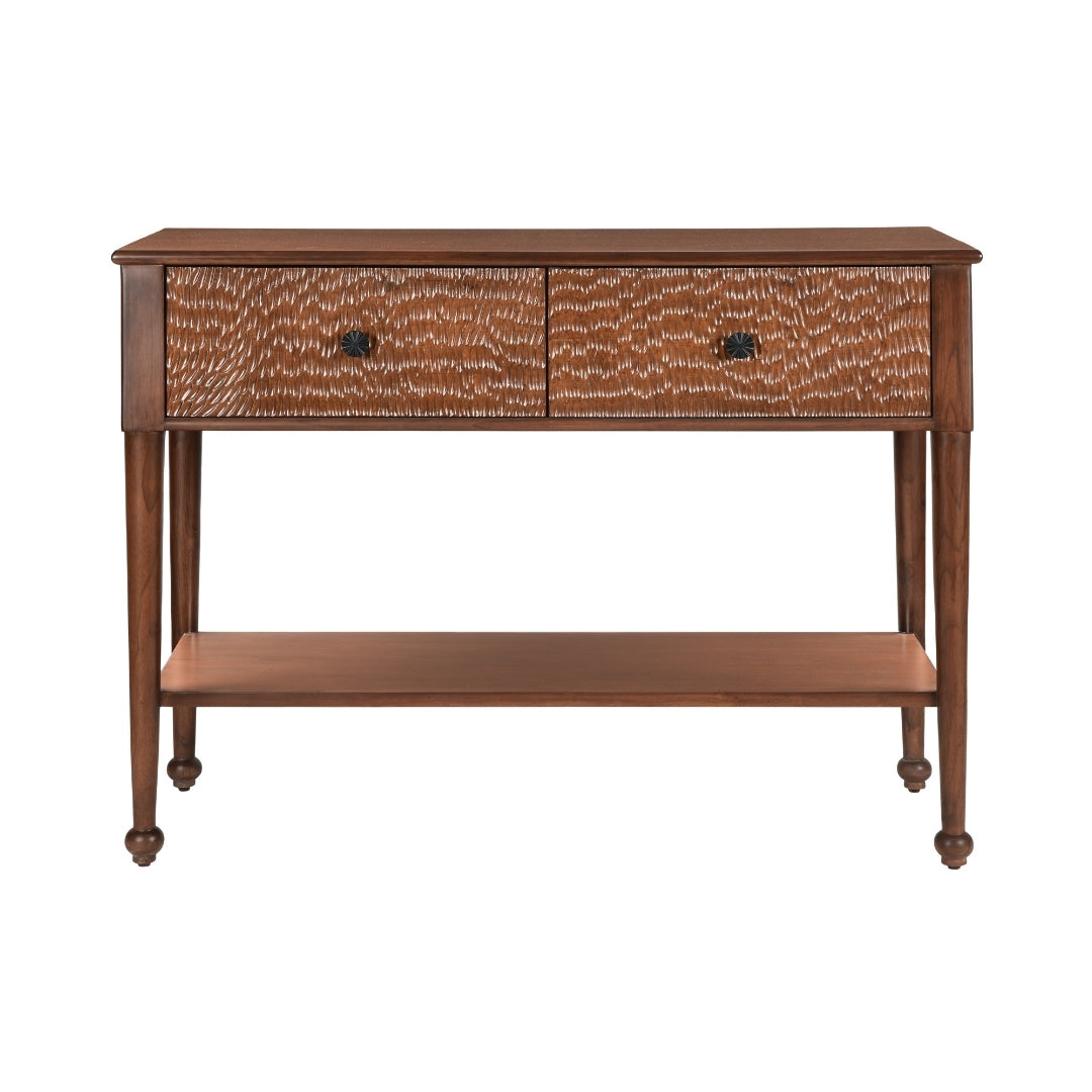 Manila Console Table - Brown / Frame: Teak veneer, plywood; Drawer Front Carved Panel, Legs: Teakwood; Storage lined