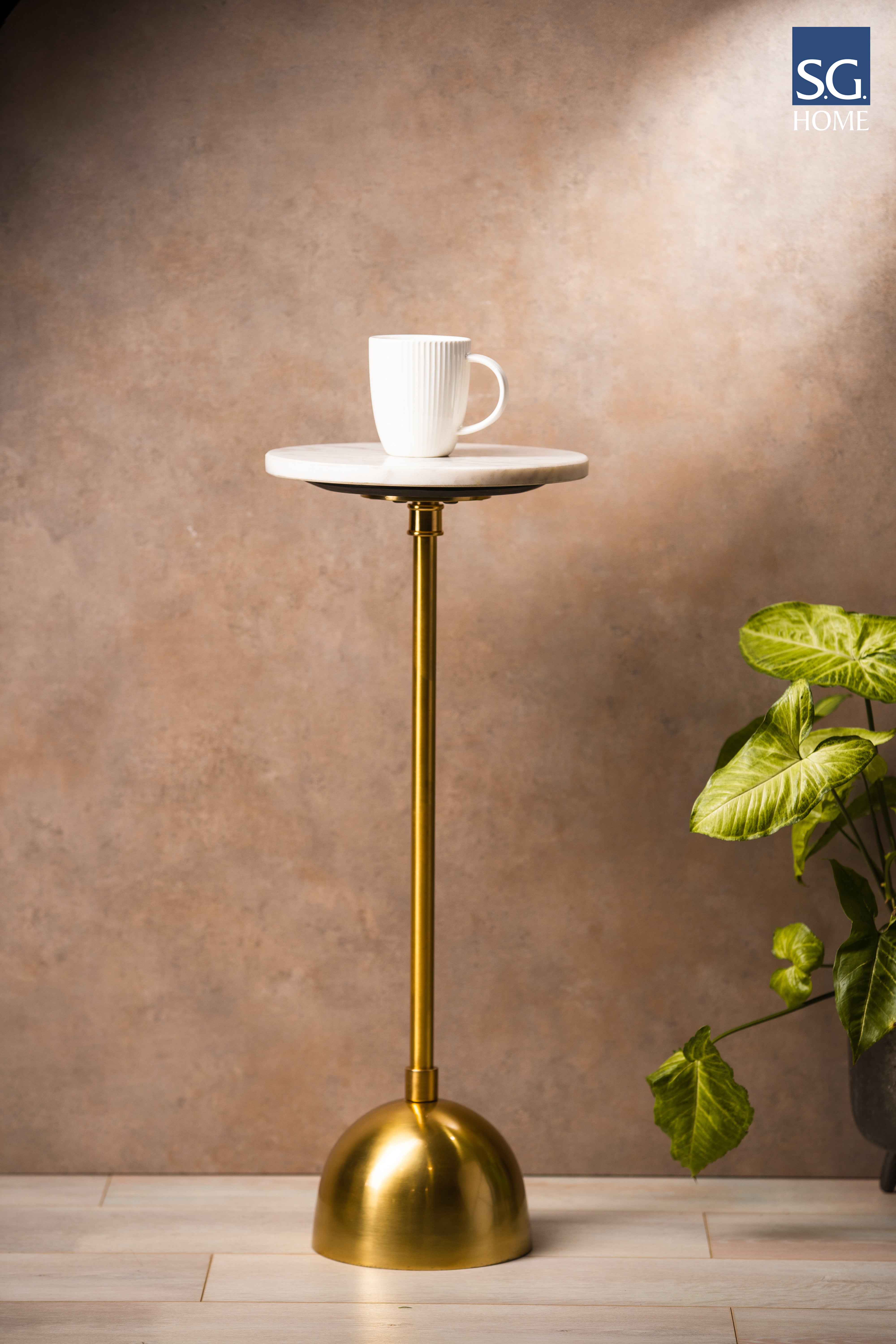 Marble Top Drink Table - Golden & White / 25 x W:25 x H:64 In Cms / Metal & Marble - Indoor Furniture