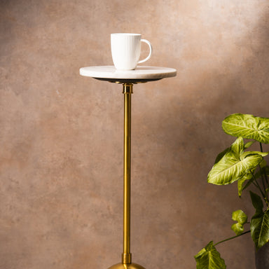 Marble Top Drink Table - Golden & White / 25 x W:25 x H:64 In Cms / Metal & Marble - Indoor Furniture
