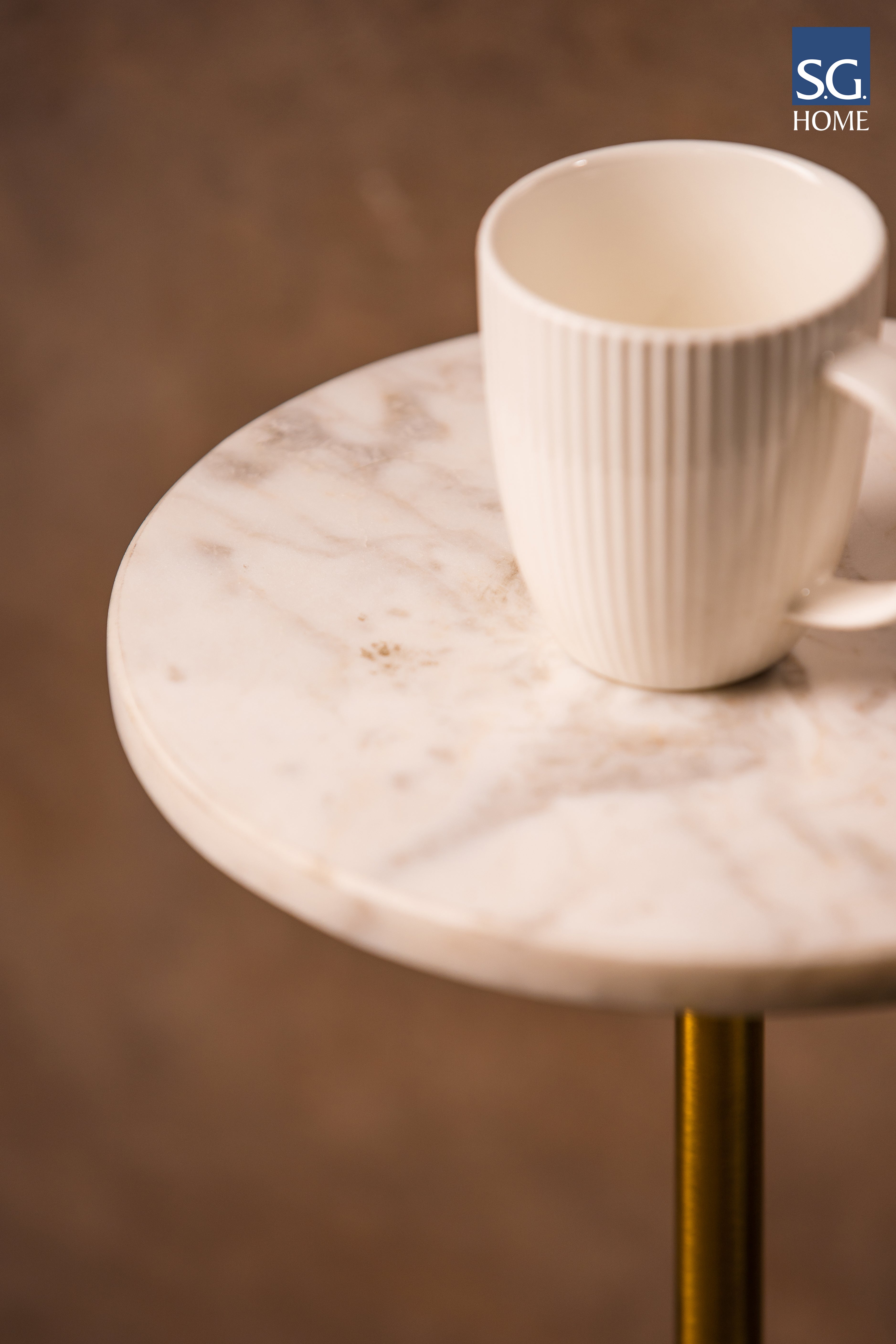 Marble Top Drink Table - Golden & White / 25 x W:25 x H:64 In Cms / Metal & Marble - Indoor Furniture
